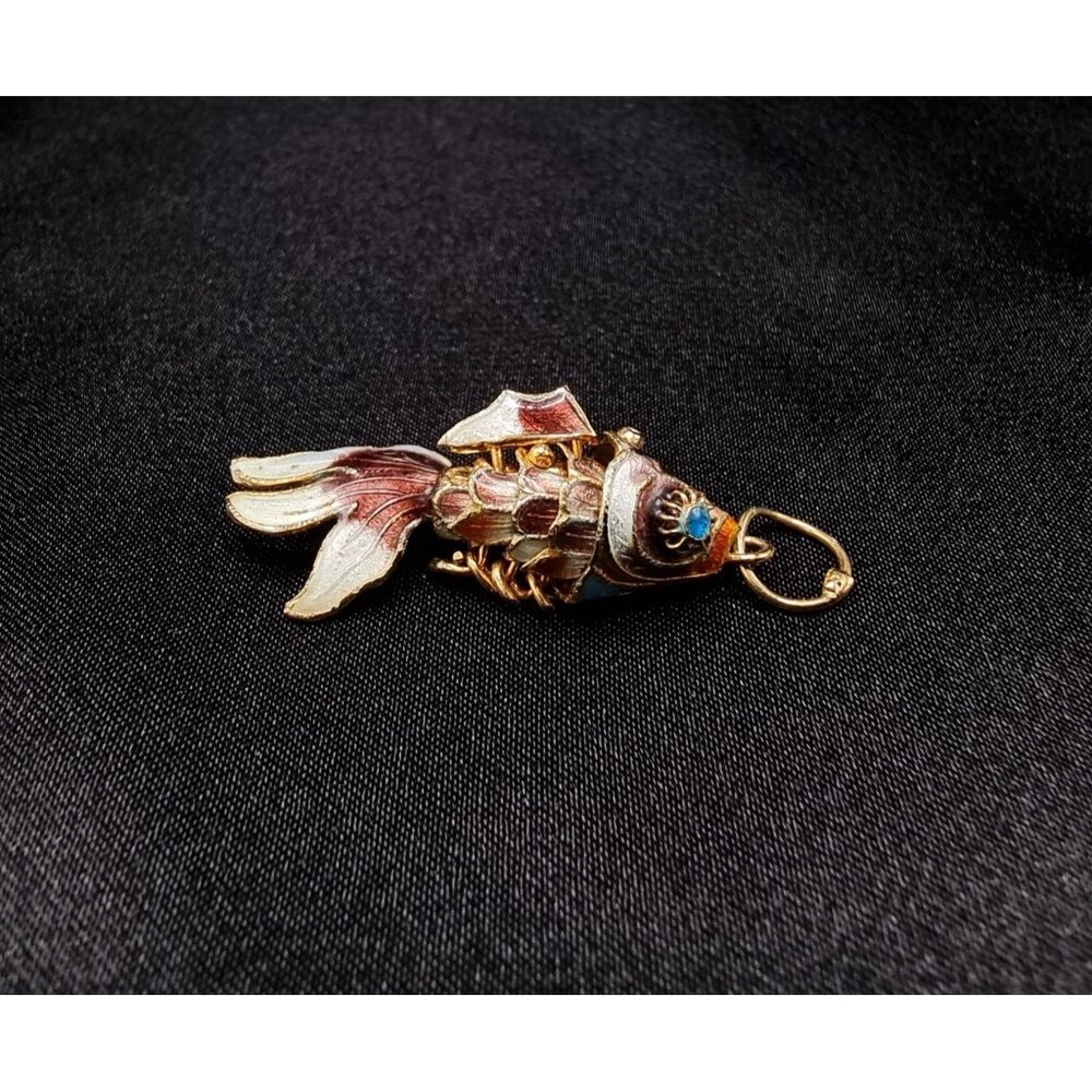 Vintage Chinese Movable Articulated Goldfish Pendant With Enamel Detailing